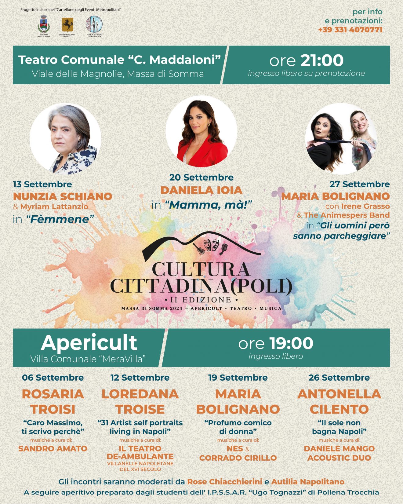 Cultura CITTADINA(POLI ) a Massa di Somma 2024… II edizione dal 6 al 27 settembre 2024 appuntamenti di teatro, musica e libri all’insegna della femminilità e della comicità